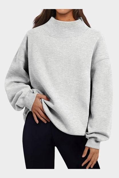 Mock Neck Drop Shoulder Long Sleeve Sweatshirt - Sweatshirts & Hoodies - FITGGINS