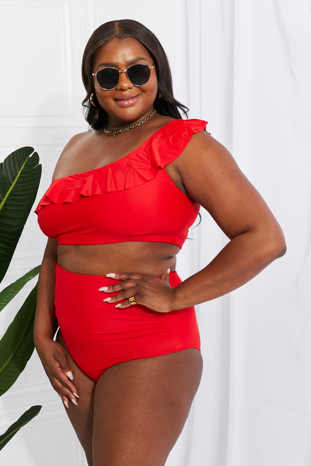 Marina West Swim Seaside Romance Ruffle One-Shoulder Bikini in Red - Bikinis & Tankinis - FITGGINS