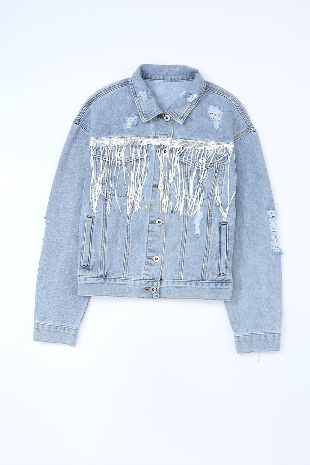 Sequin Fringe Trim Distressed Button Up Denim Jacket - Denim Jackets - FITGGINS