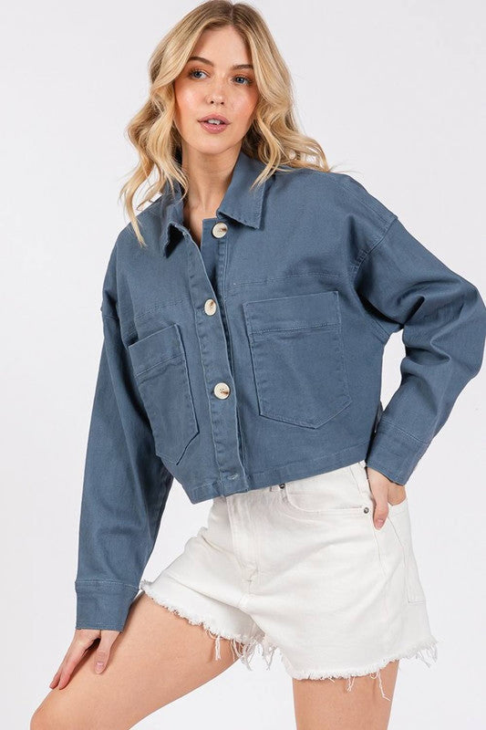 bytos Button Down Cropped Denim Jacket with Patch Pockets - Denim Jackets - FITGGINS