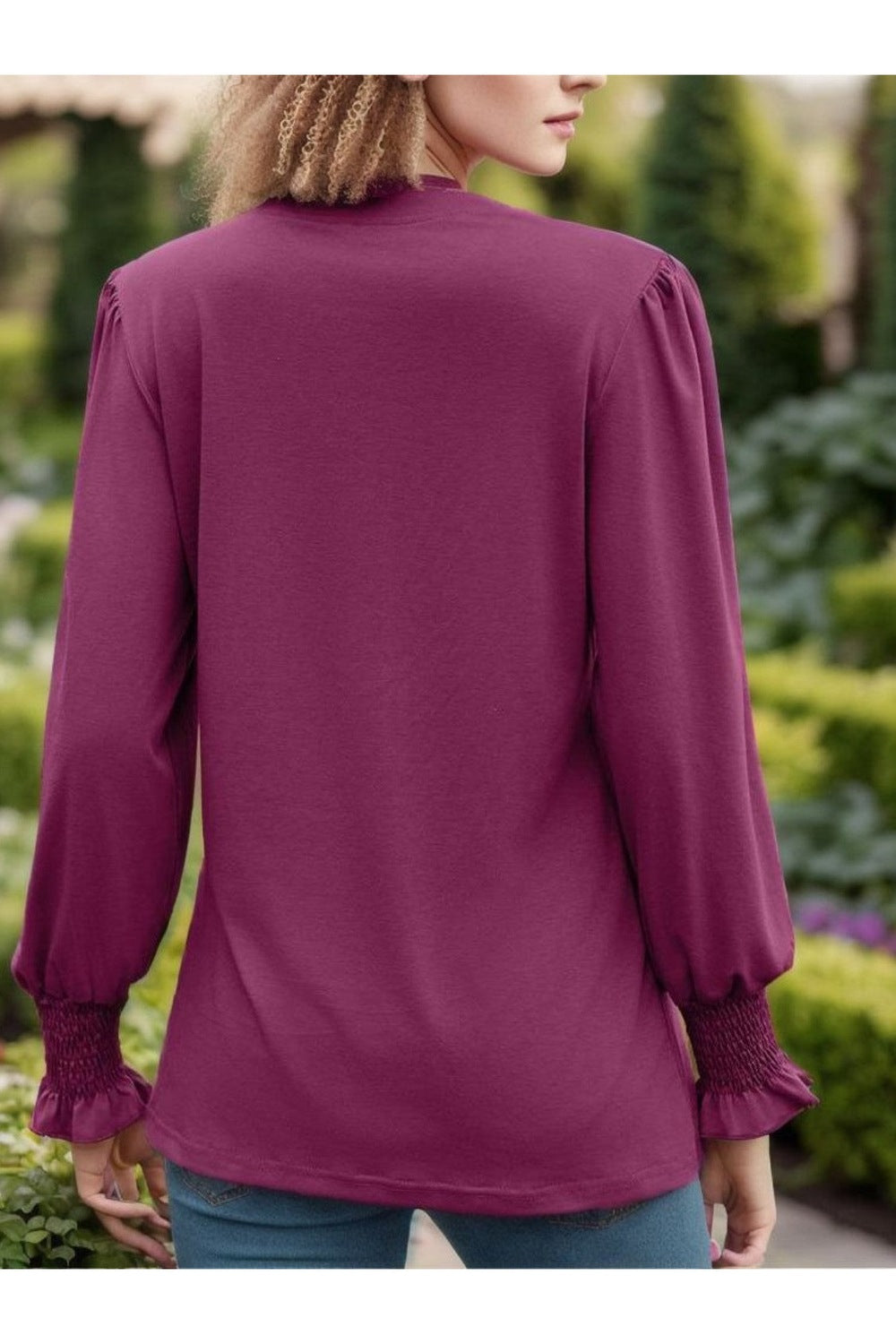 Notched Smocked Flounce Sleeve Blouse Fitggins