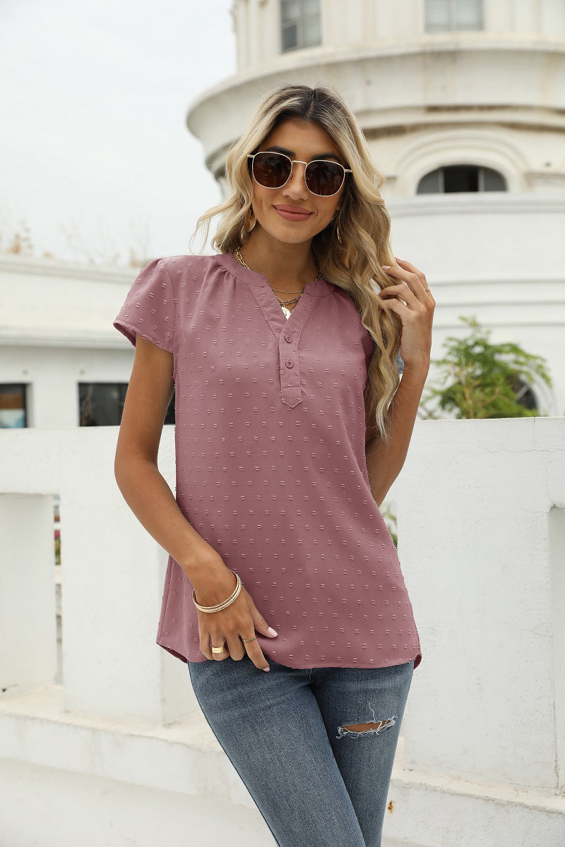Swiss Dot Notched Neck Short Sleeve Top Moonlit Mauve Fitggins