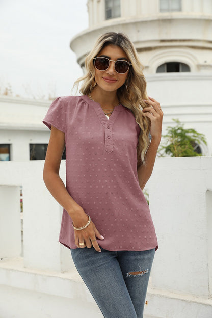 Swiss Dot Notched Neck Short Sleeve Top Moonlit Mauve Fitggins