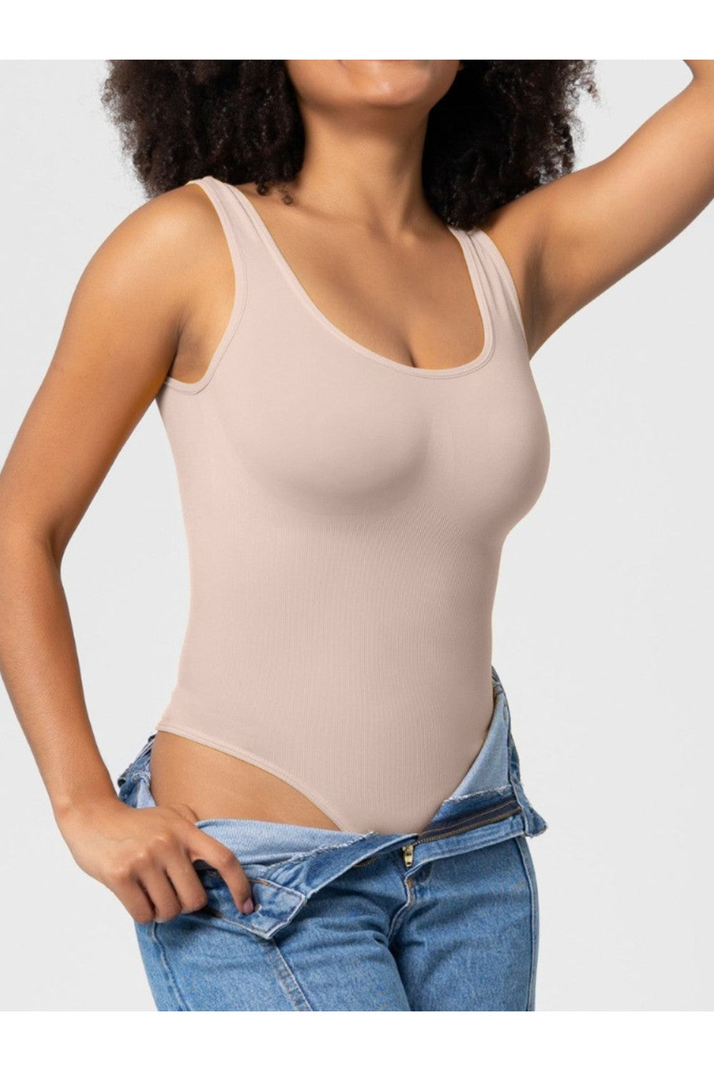 Scoop Neck Wide Strap Shaping Bodysuit - Shapewear - FITGGINS