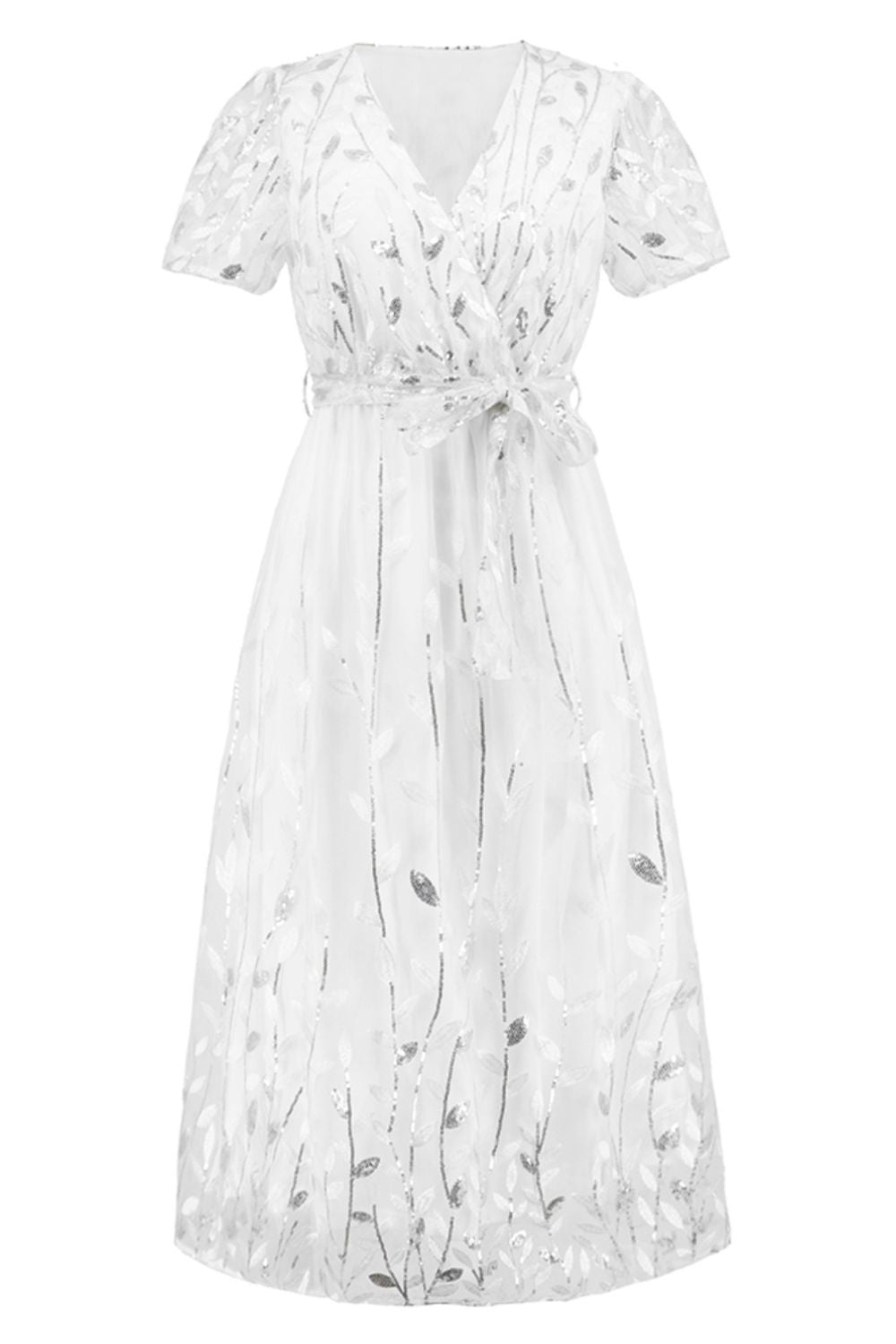 Sequin Leaf Embroidery Tie Front Short Sleeve Dress - Cocktail Dresses - FITGGINS