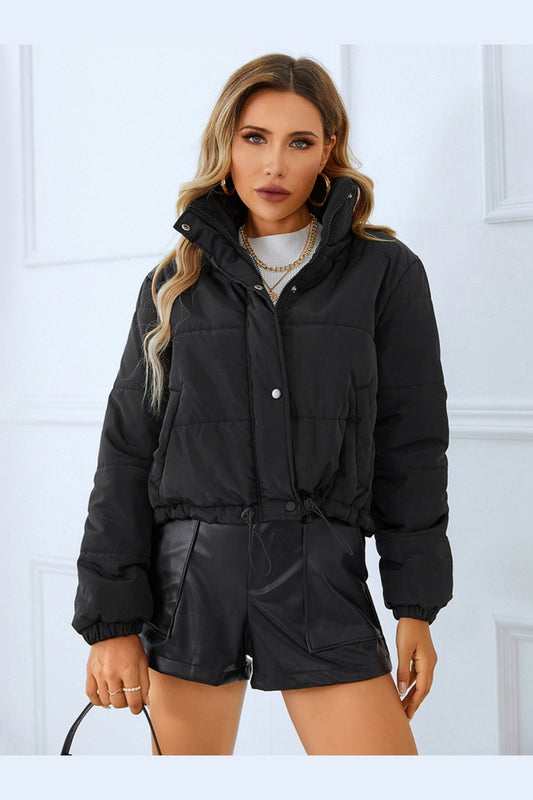 Snap and Zip Closure Drawstring Cropped Winter Coat - Jackets - FITGGINS