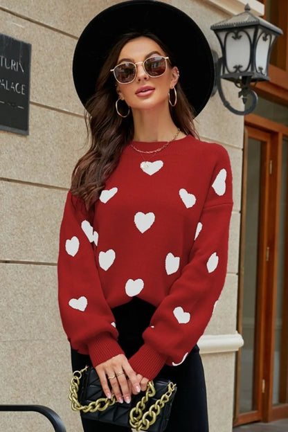 Woven Right Heart Pattern Lantern Sleeve Round Neck Tunic Sweater Fitggins