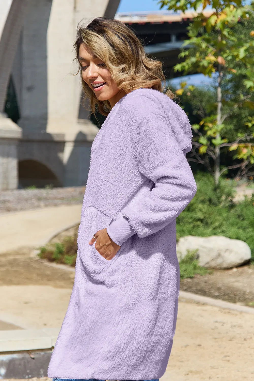 Double Take Full Size Hooded Teddy Bear Jacket with Thumbholes Fitggins