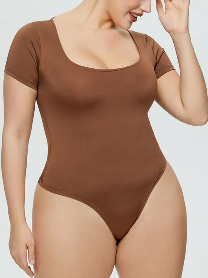 Full Size Square Neck Short Sleeve Bodysuit Brown Fitggins