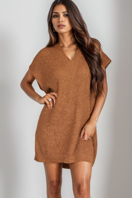 Notched Cap Sleeve Mini Sweater Dress - Sweater Dresses - FITGGINS