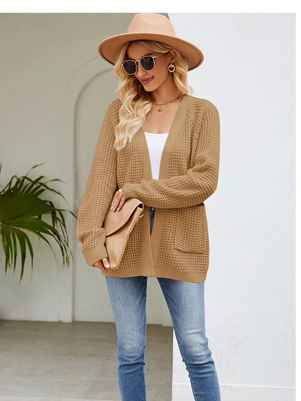 Open Front Raglan Sleeve Pocketed Cardigan Khaki Fitggins