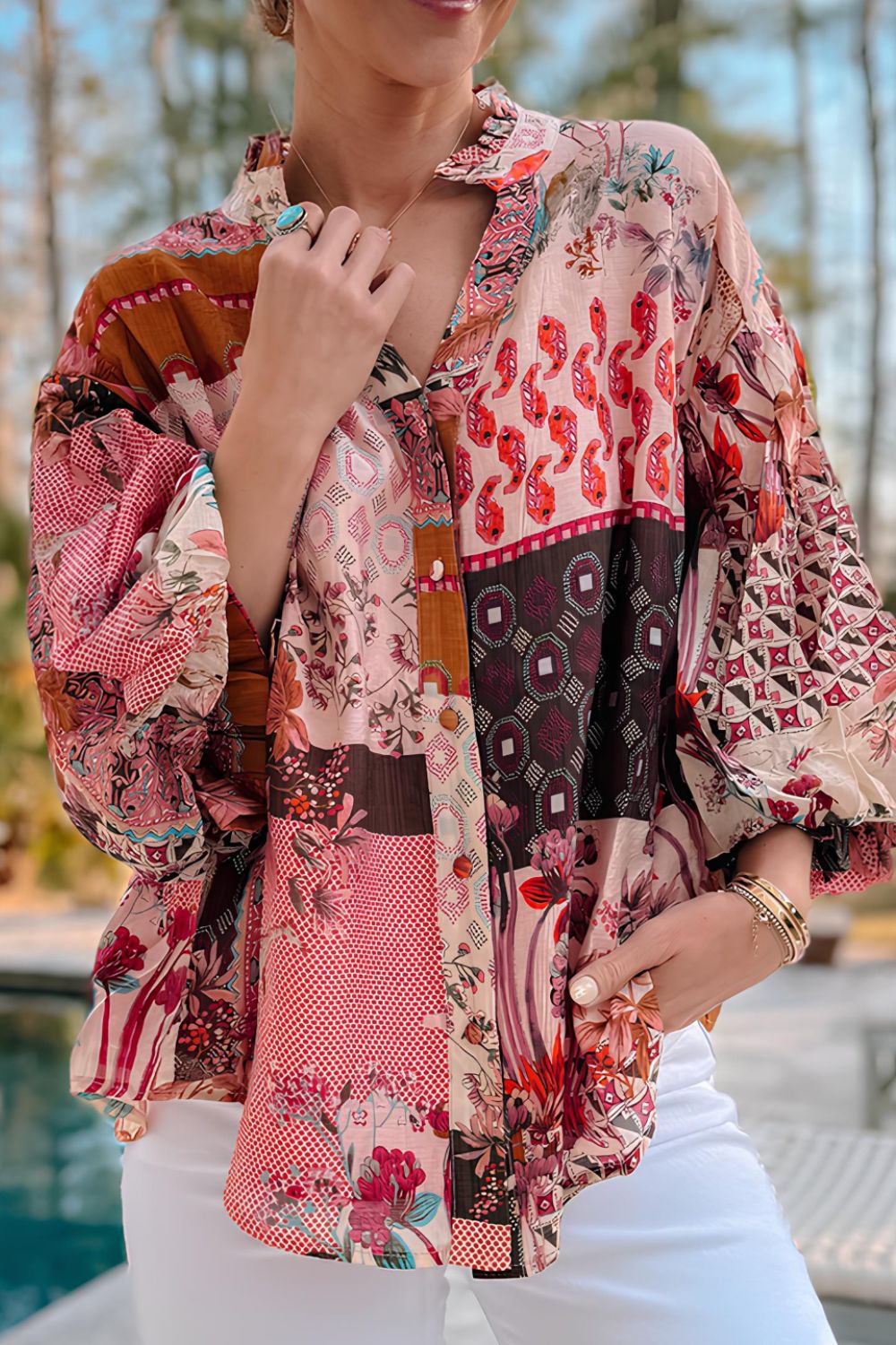 Patchwork Printed Notched Flounce Sleeve Shirt - Shirts - FITGGINS