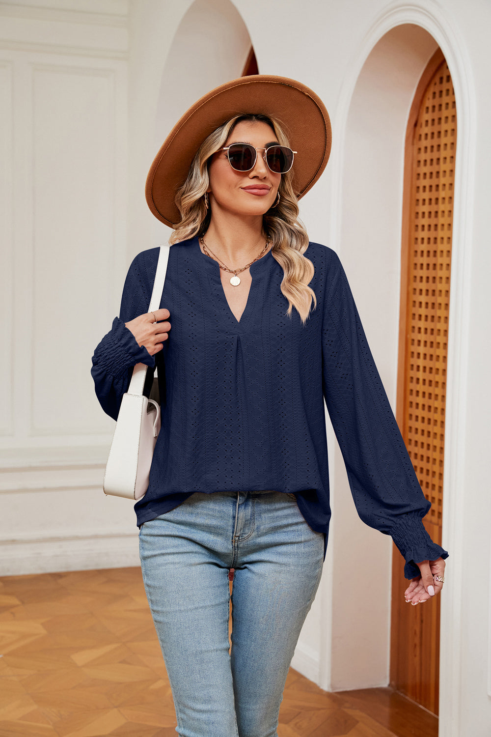 Notched Neck Flounce Sleeve Blouse Navy Fitggins