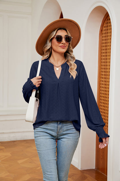 Notched Neck Flounce Sleeve Blouse Navy Fitggins