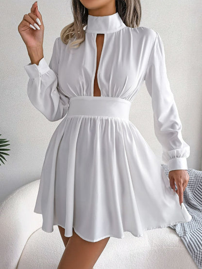 Cutout Turtleneck A-Line Mini Dress White Fitggins