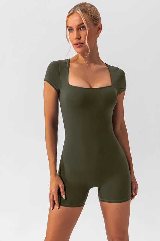 Square Neck Cap Sleeve Active Romper Matcha Green Fitggins