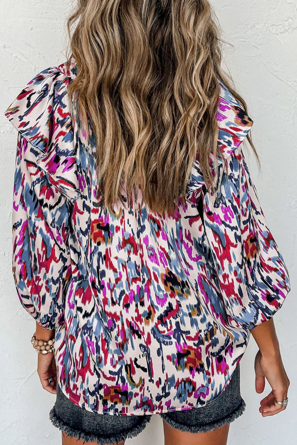 Printed Nochted Neck Ruffled Blouse - Blouses - FITGGINS