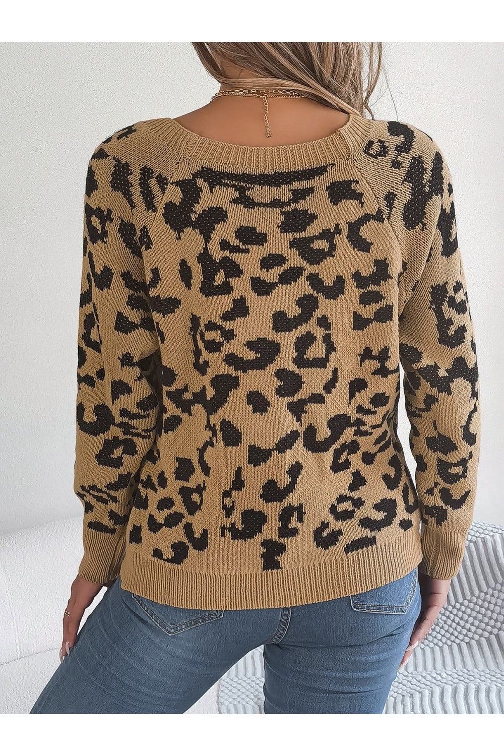 Leopard Buttoned Square Neck Sweater - Pullover Sweaters - FITGGINS