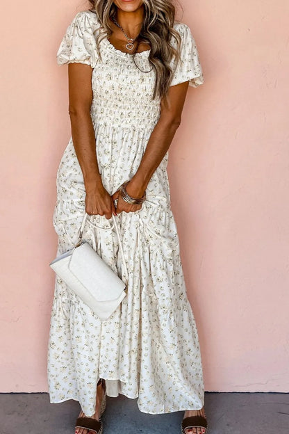 Floral Smocked Short Puff Sleeve Maxi Dress Fitggins