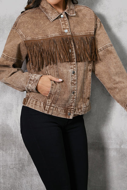 Fringe Trim Snap Down Denim Jacket - Denim Jackets - FITGGINS