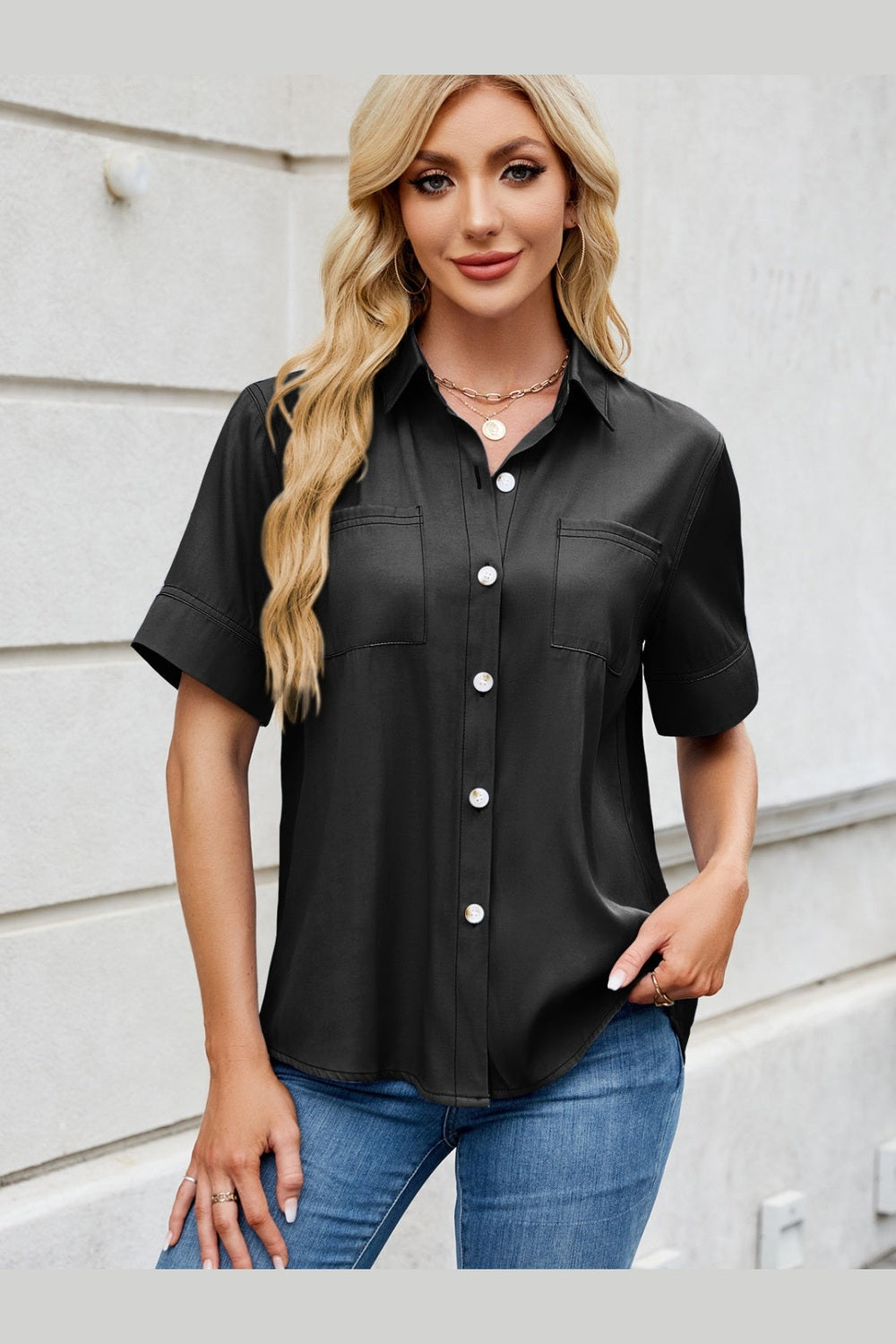 Collared Neck Short Sleeve Shirt - Shirts - FITGGINS