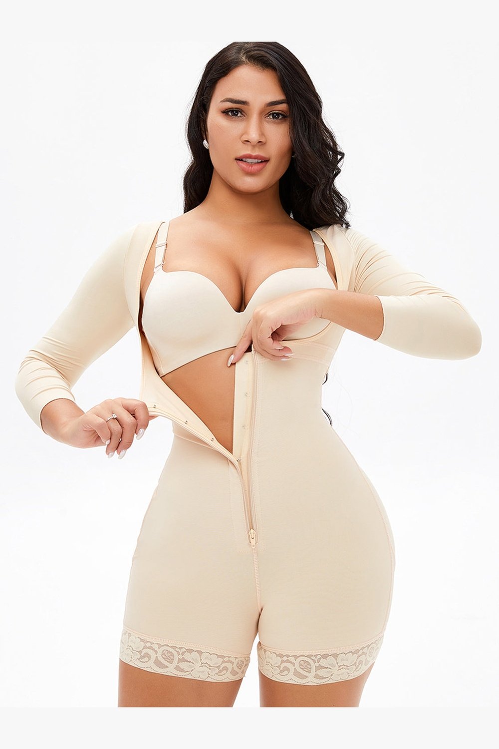 Full Size Zip Up Lace Detail Long Sleeve Shapewear - Shapewear - FITGGINS