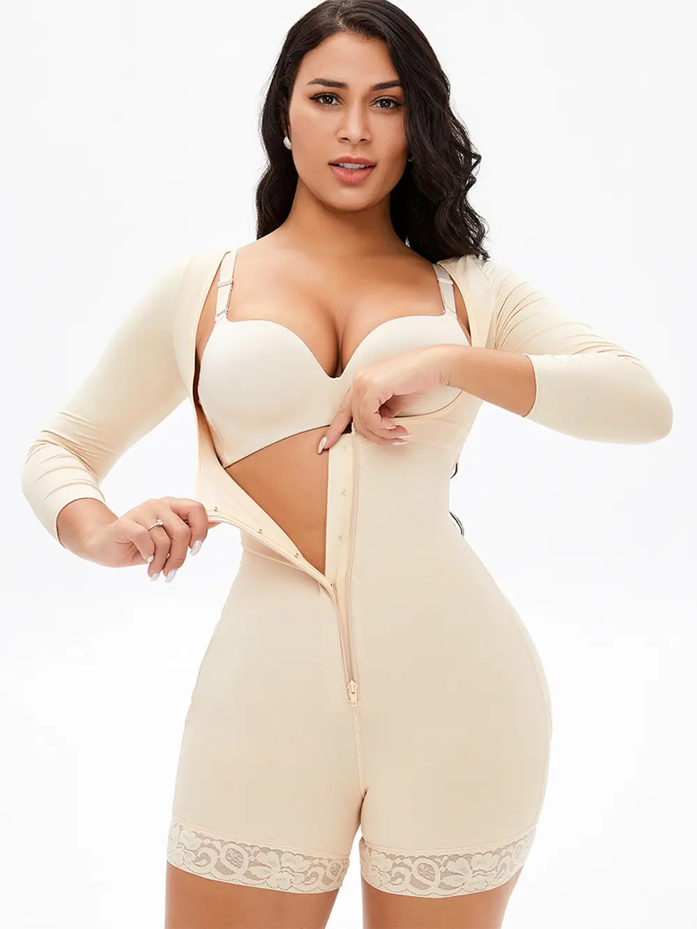 Full Size Zip Up Lace Detail Long Sleeve Shapewear Fitggins