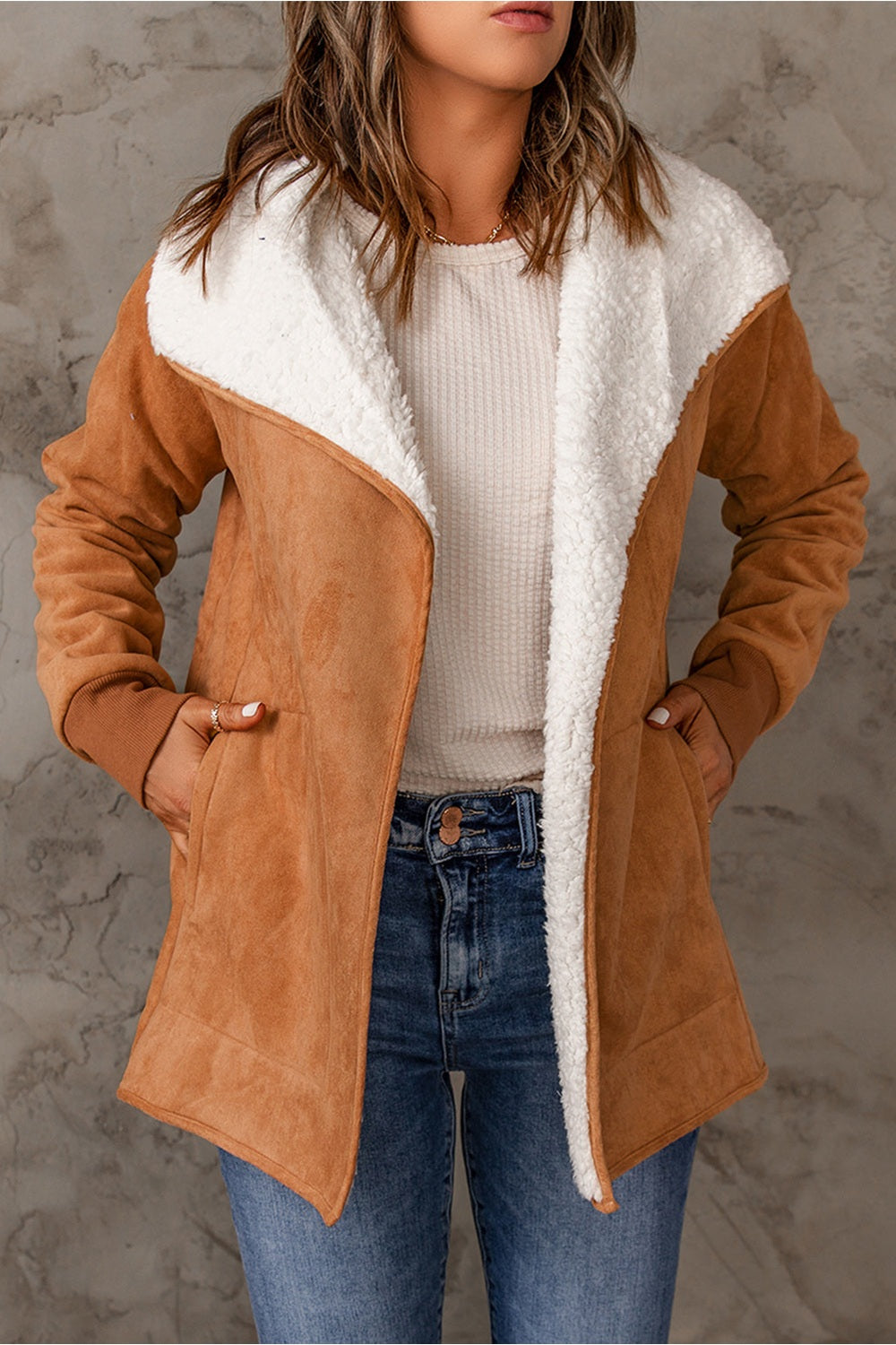 Open Front Long Sleeve Sherpa Jacket - Jackets - FITGGINS