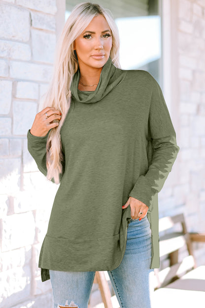 Cowl Neck Long Sleeve Slit Blouse - Blouses - FITGGINS