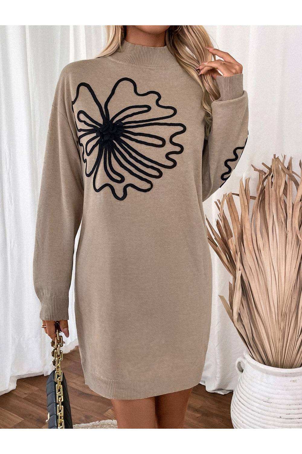 Perfee Flower Mock Neck Long Sleeve Sweater Dress - Sweater Dresses - FITGGINS