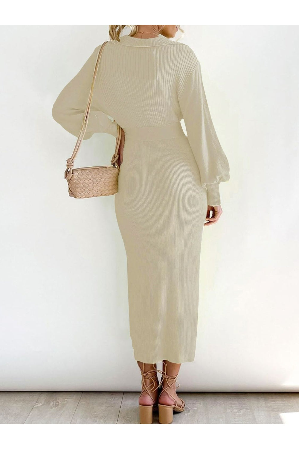 Perfee Tied Long Sleeve Wrap Sweater Dress - Sweater Dresses - FITGGINS