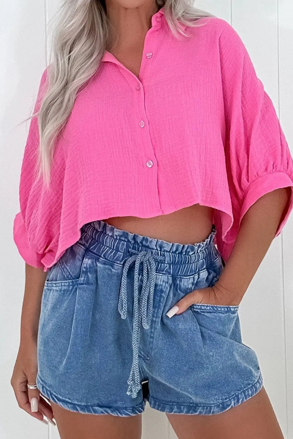 Drawstring High Waist Denim Shorts with Pockets Fitggins