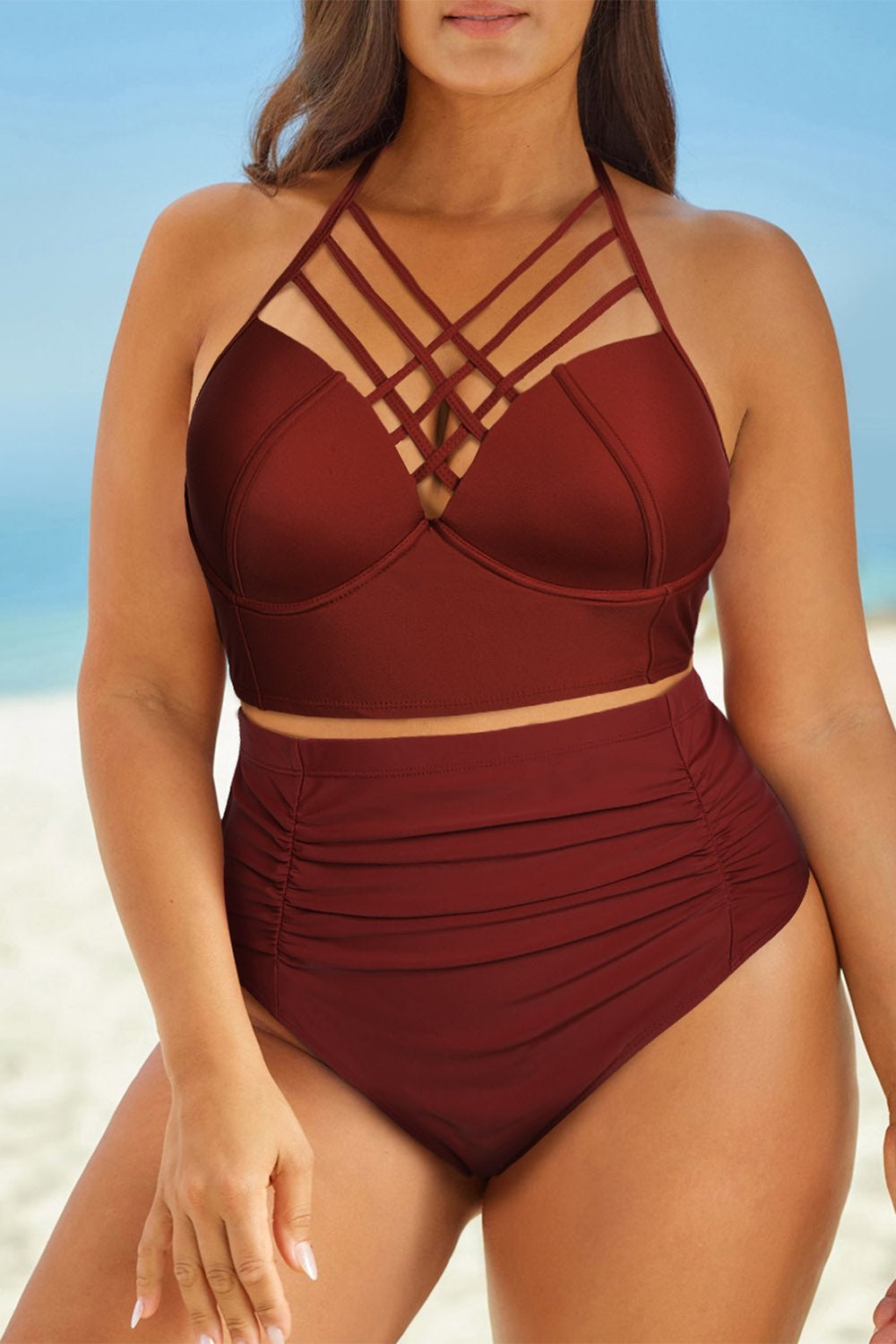 Full Size Halter Neck Crisscross Ruched Two-Piece Swimsuit - Bikinis & Tankinis - FITGGINS