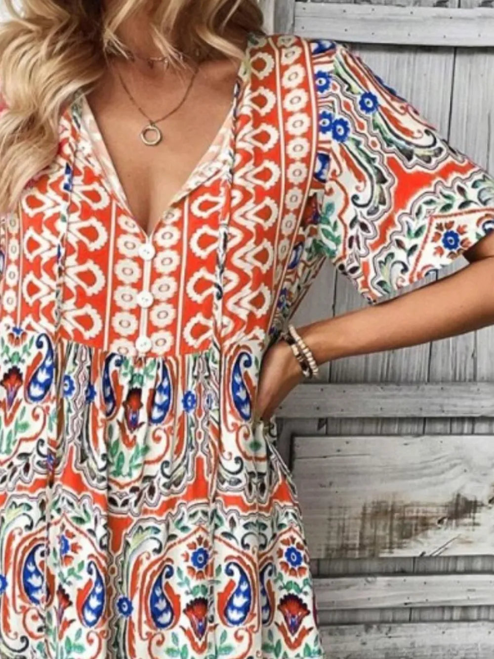 Printed Tie Neck Short Sleeve Dress Fitggins