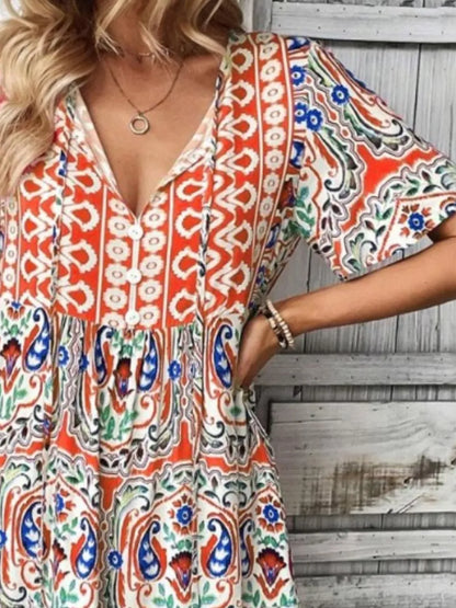 Printed Tie Neck Short Sleeve Dress Fitggins