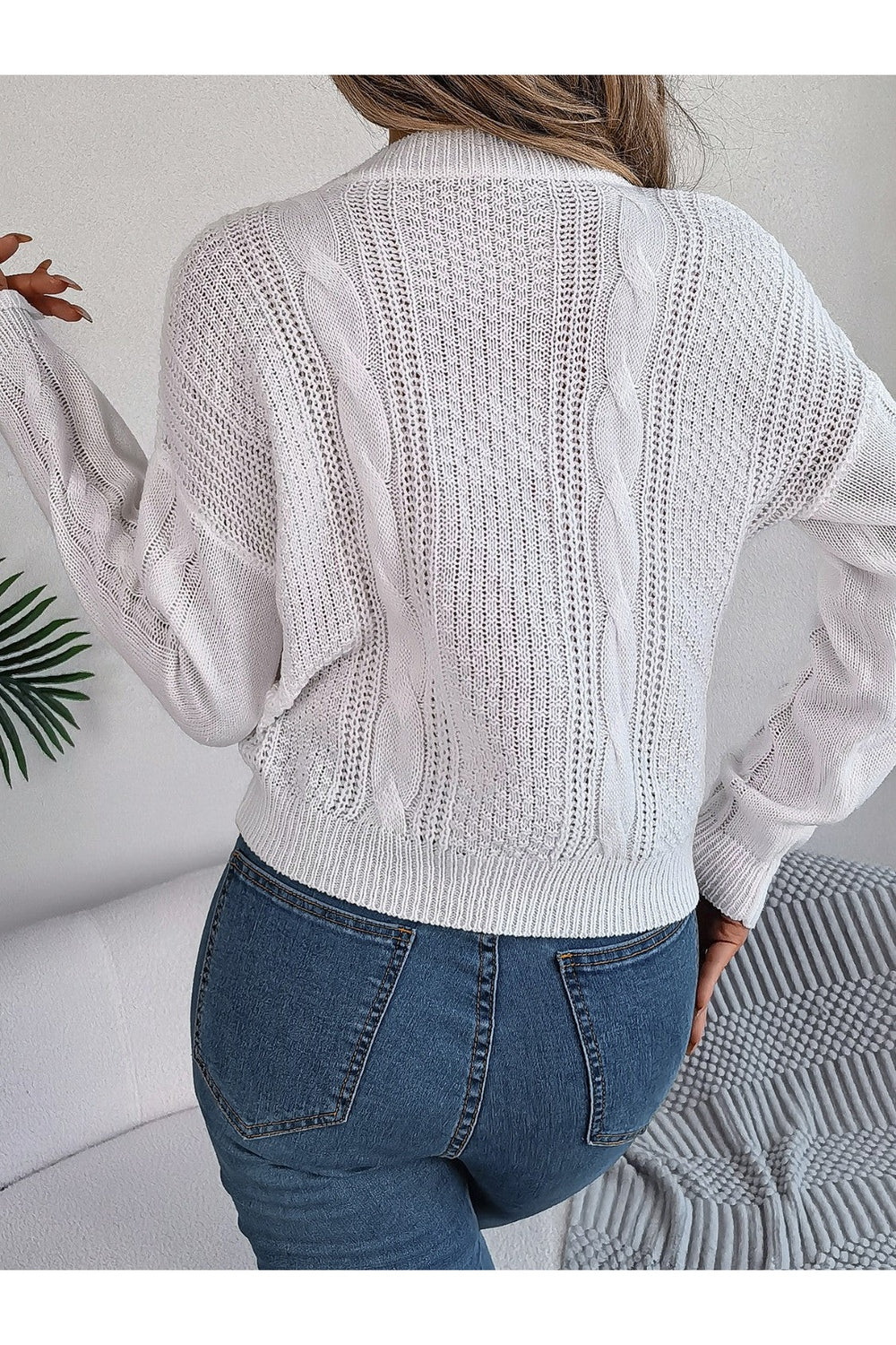 Cable-Knit Buttoned Round Neck Sweater - Pullover Sweaters - FITGGINS