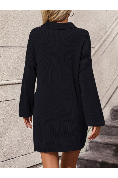 Collared Neck Long Sleeve Sweater Dress with Pockets - Sweater Dresses - FITGGINS