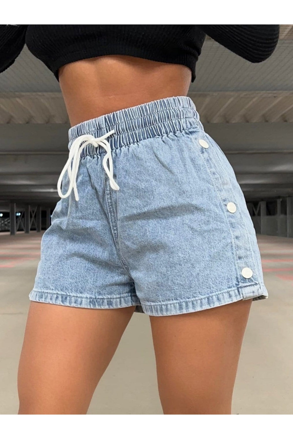 Drawstring High Waist Denim Shorts - Denim Shorts - FITGGINS