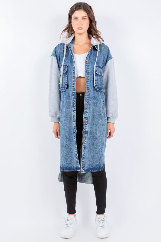 American Bazi Contrast Longline Hooded Denim Jacket - Denim Jackets - FITGGINS