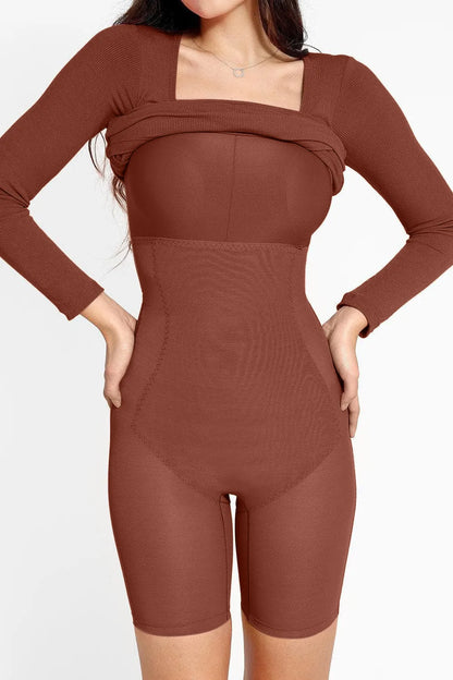 Basic Bae Full Size Built-In Shapewear Square Neck Long Sleeve Dress Fitggins