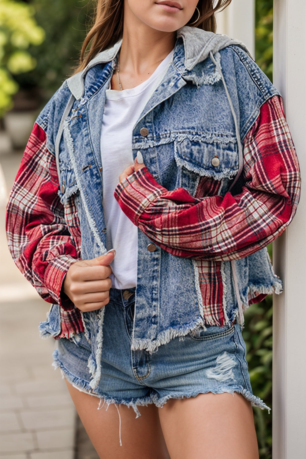 Raw Hem Drawstring Plaid Denim Jacket - Denim Jackets - FITGGINS