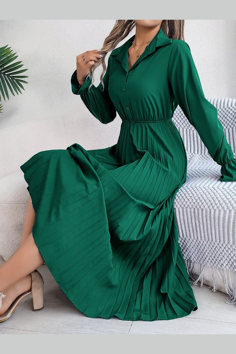 Pleated Half Button Long Sleeve Midi Dress - Casual & Maxi Dresses - FITGGINS