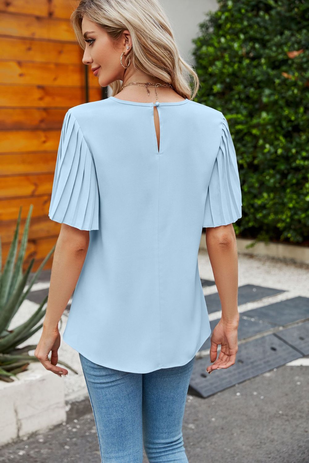 Pleated Flutter Sleeve Round Neck Blouse Fitggins