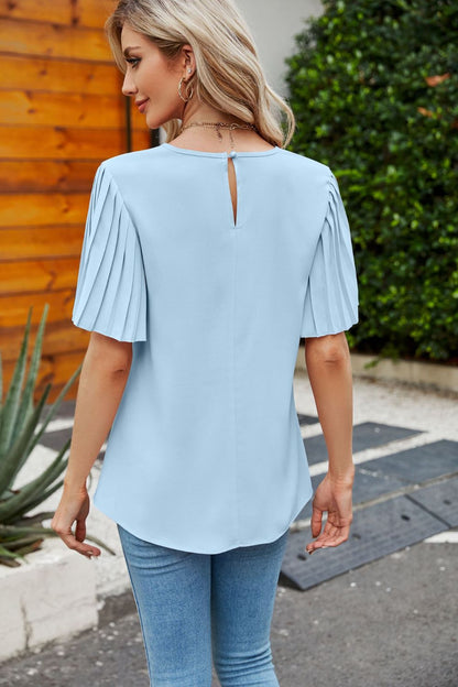 Pleated Flutter Sleeve Round Neck Blouse Fitggins