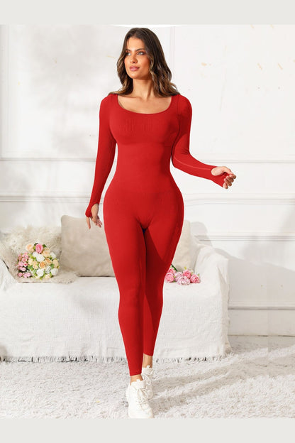 Scoop Neck Long Sleeve Active Jumpsuit - Active Set - FITGGINS