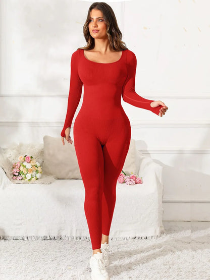 Scoop Neck Long Sleeve Active Jumpsuit Red Fitggins