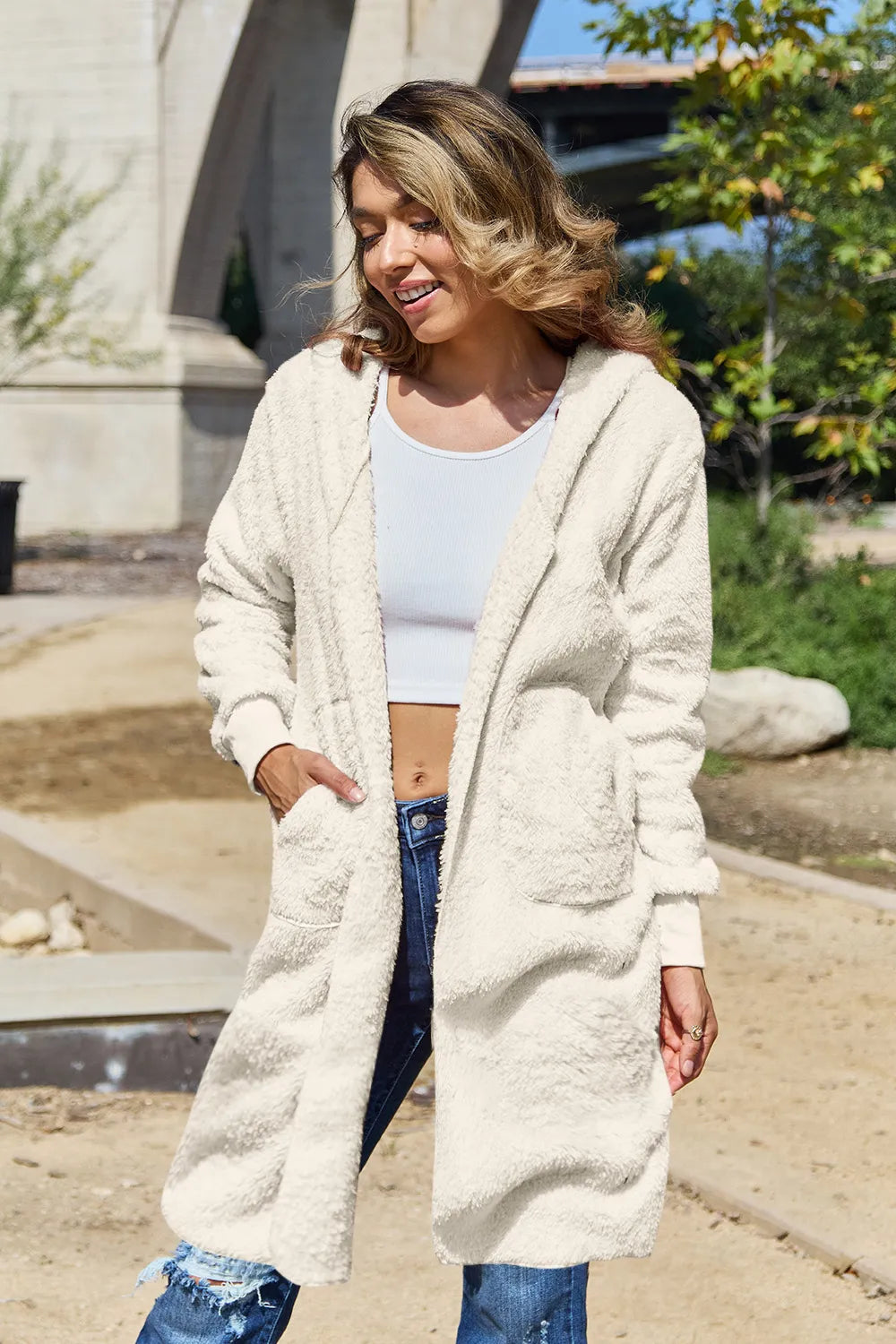 Double Take Full Size Hooded Teddy Bear Jacket with Thumbholes Cream Fitggins