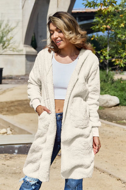 Double Take Full Size Hooded Teddy Bear Jacket with Thumbholes Cream Fitggins