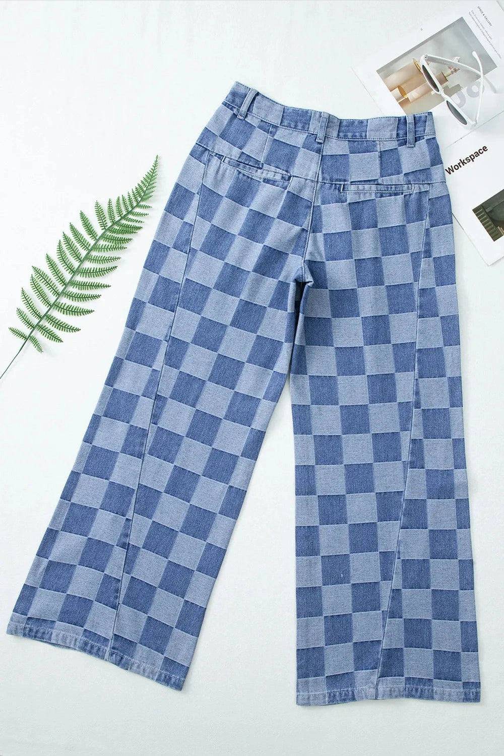 Checkered Wide Leg Jeans with Pockets - Jeans - FITGGINS