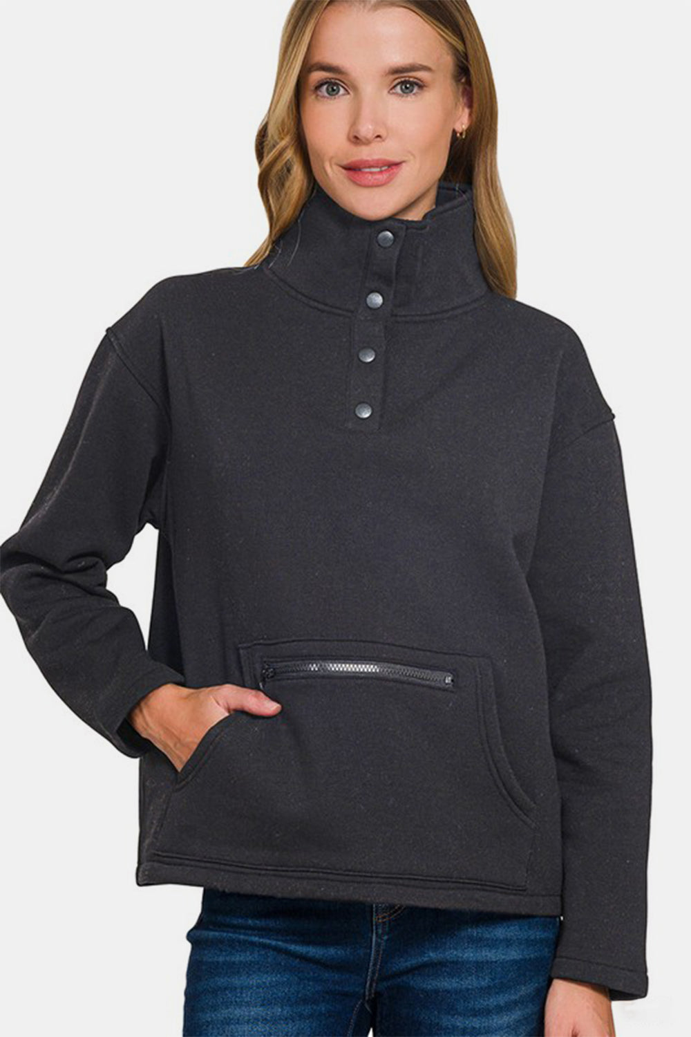 Zenana Turtleneck Half Snap Fleece Sweatshirt - Sweatshirts & Hoodies - FITGGINS